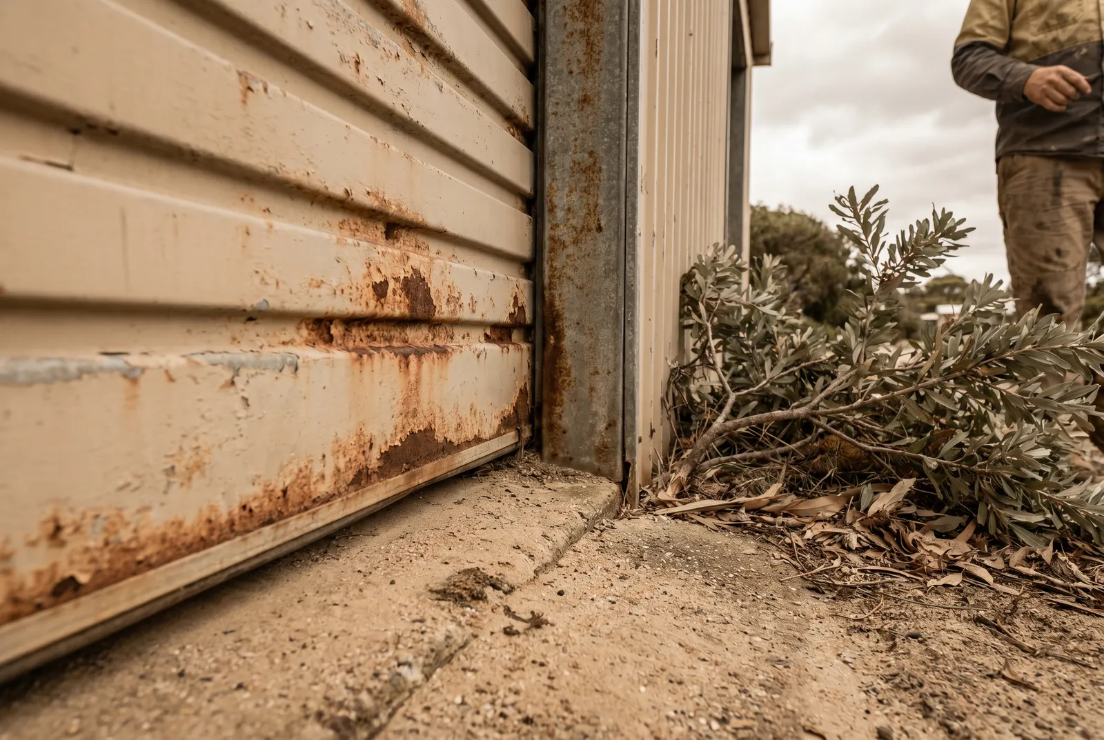 Surface rust blooming on the steel side track and bottom rail of a coastal roller door