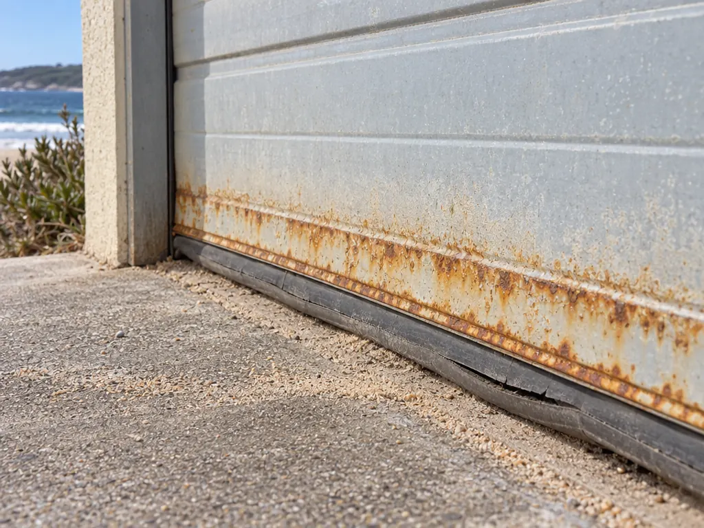 The bottom edge of a pale steel garage door near the beach, with rust along the lower rail, a cracked rubber seal and sand on the concrete