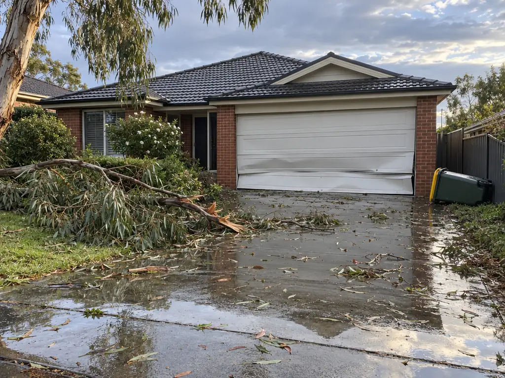 Brick house with a garage door buckled along its lower panels, a fallen gum branch and leaves on a wet driveway.