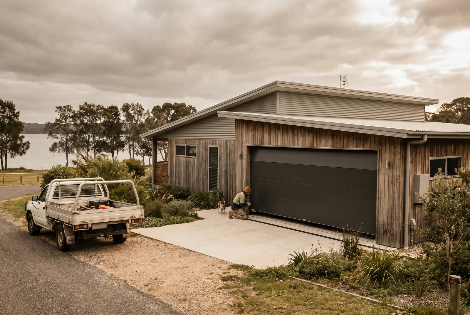 A new flat-profile steel sectional garage door on a contemporary single-storey home