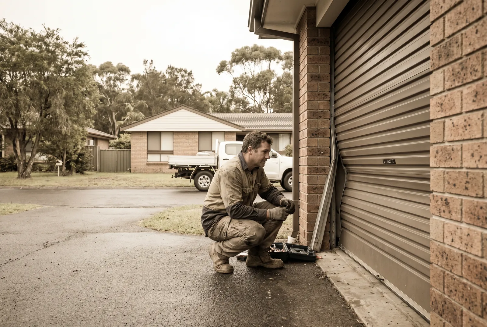 A technician crouched beside a roller door curtain that has jumped its side track