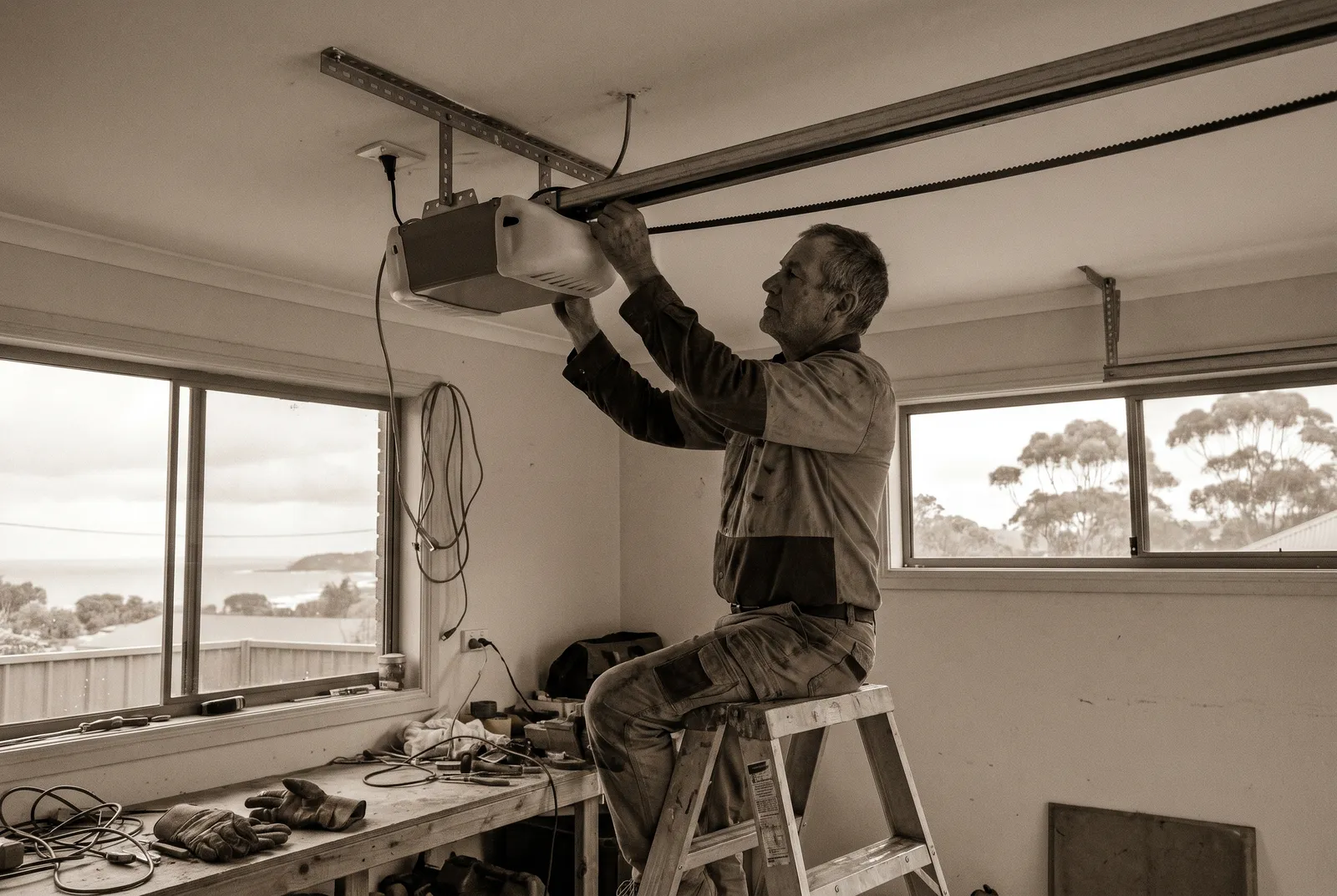 A technician on a platform ladder fitting a rail-drive opener head unit to a garage ceiling
