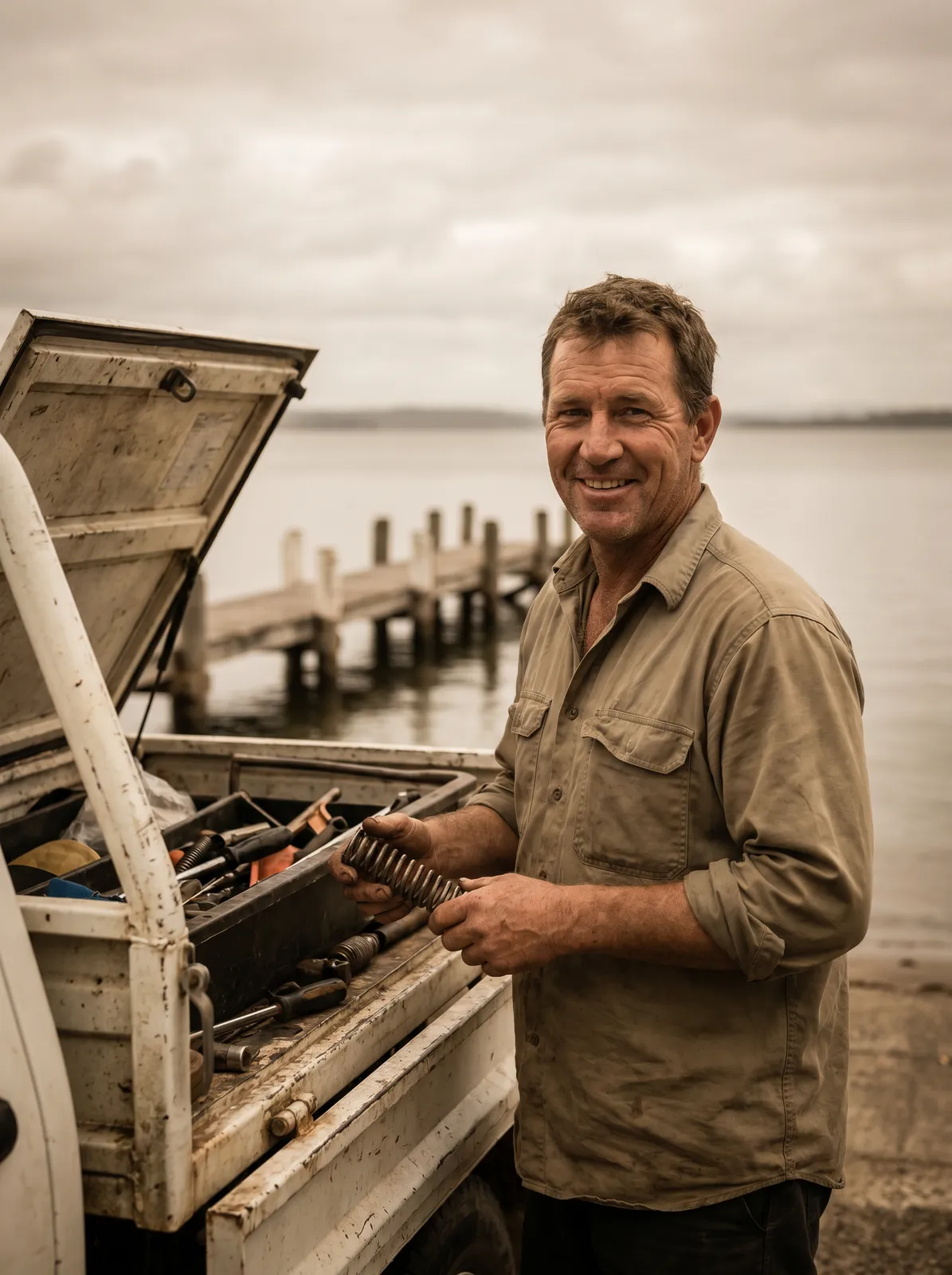 A garage door technician standing at the open tray of his work ute, lake water and a jetty behind
