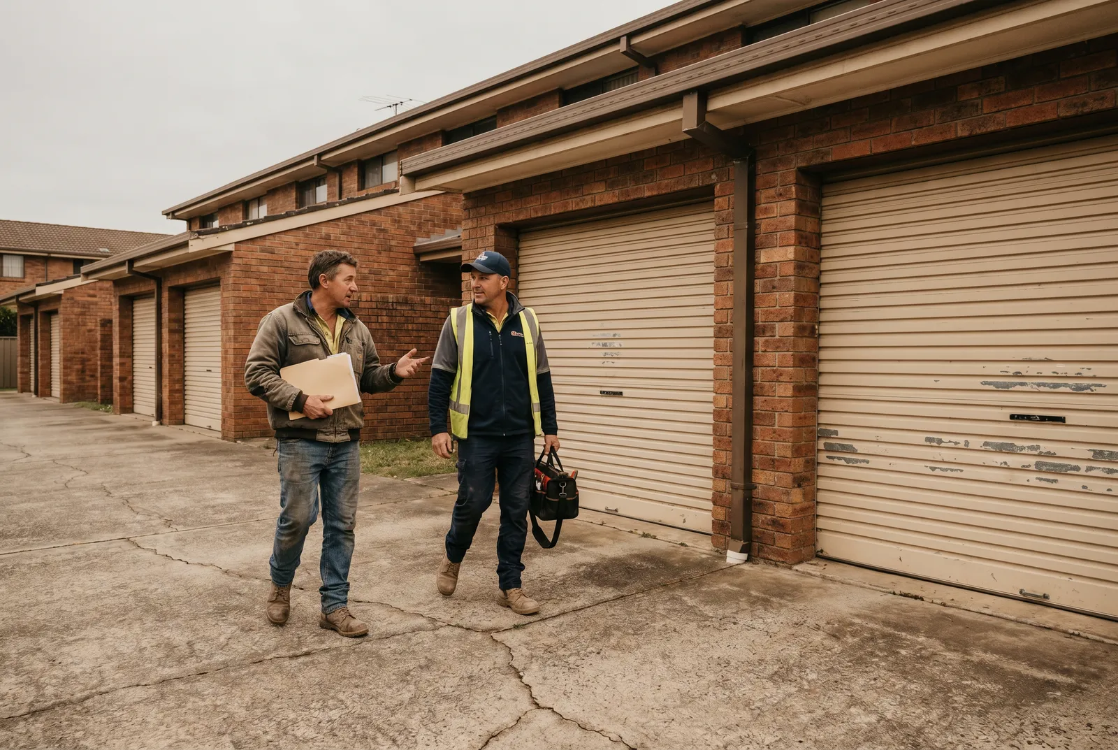 A property manager with a folder walking with a technician along a row of roller doors at a brick unit block