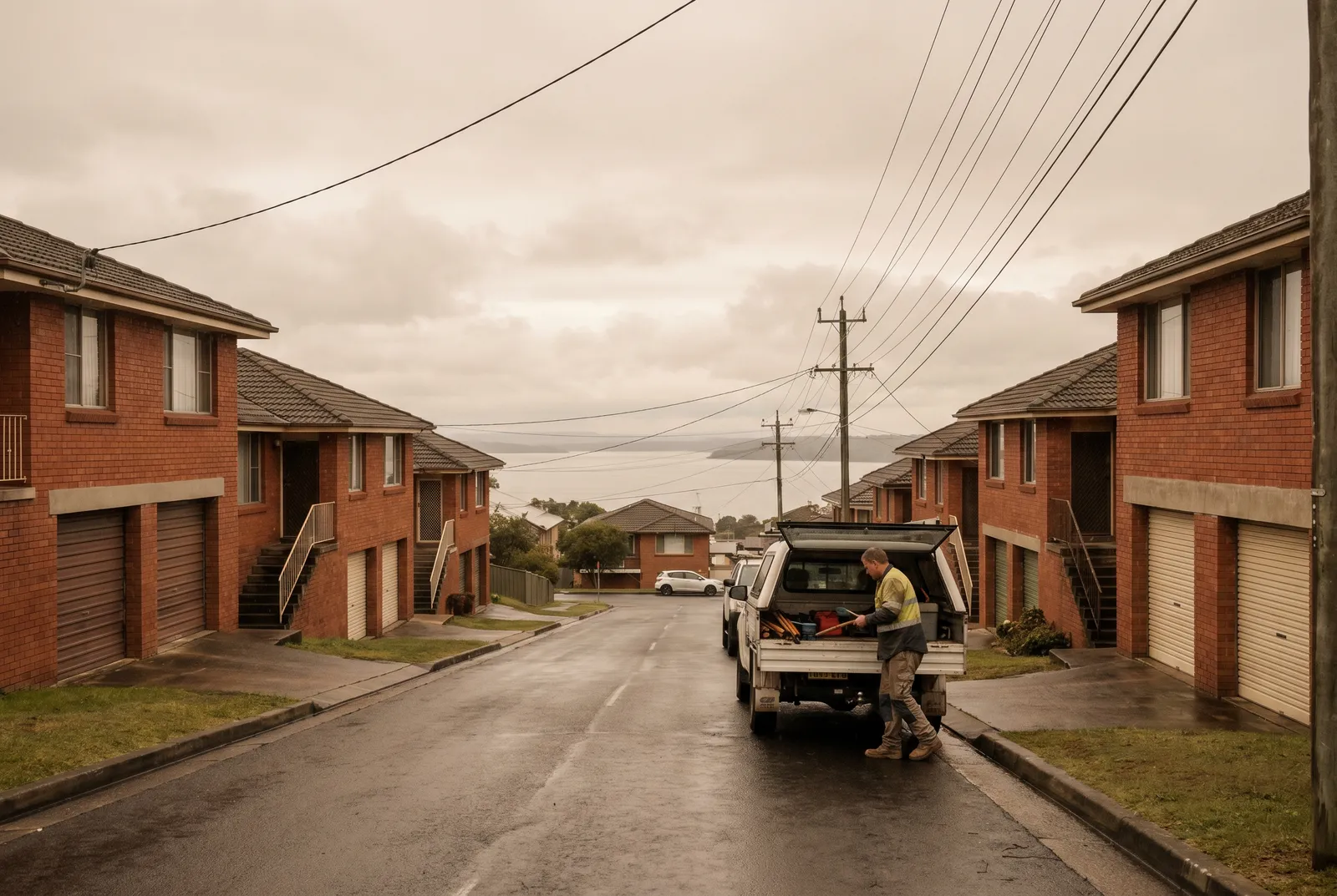 Split-level brick homes stepping down a ridge street with garages built under the houses