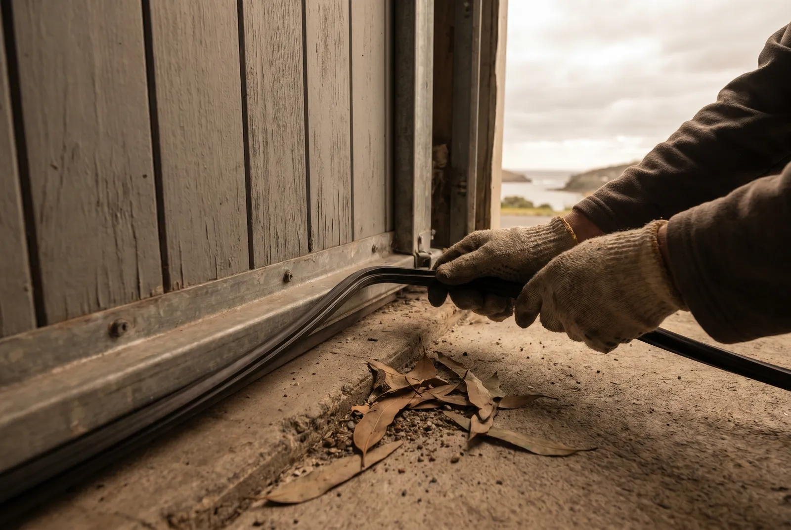 Hands fitting a new rubber weather seal along the bottom rail of a garage door