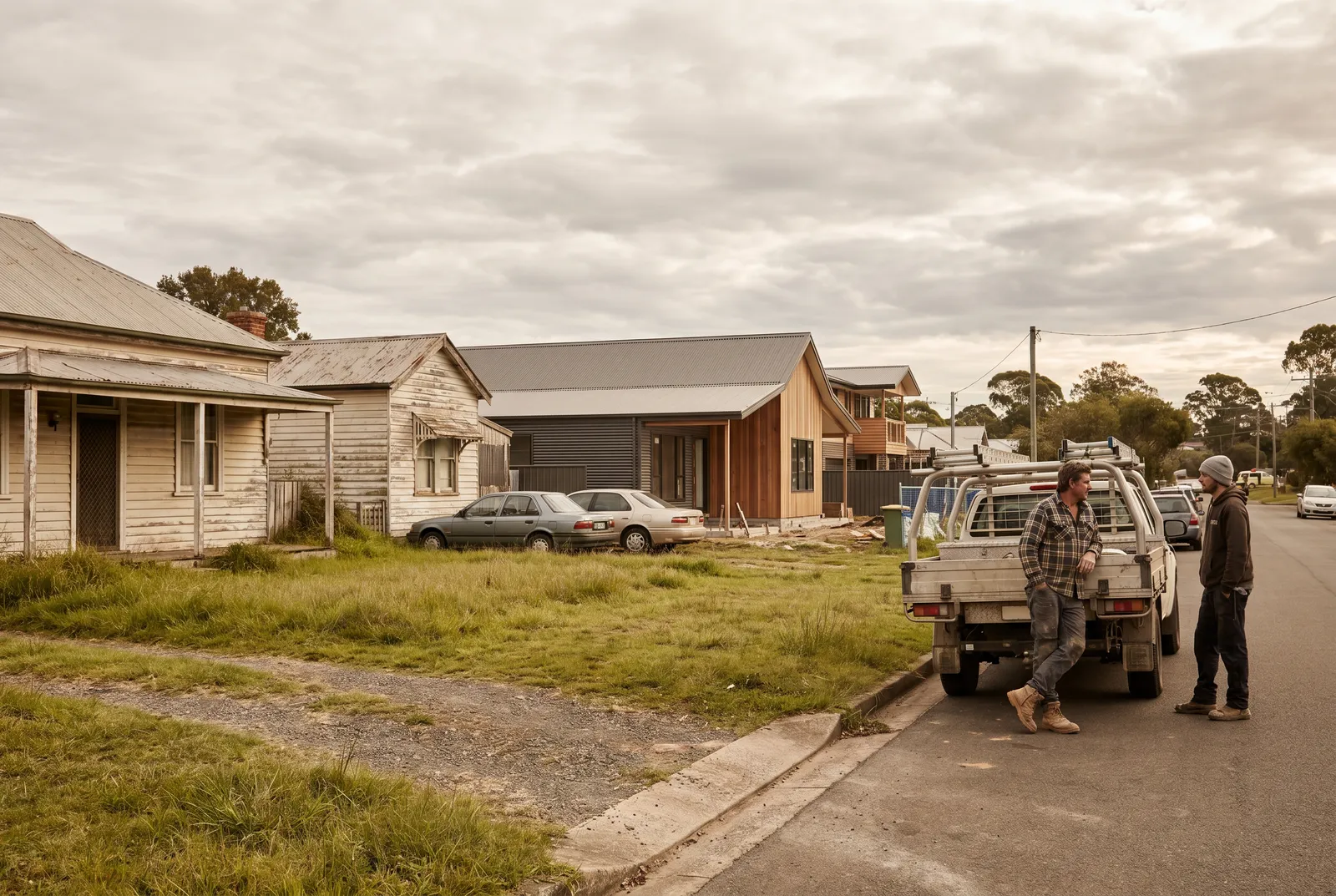A township street with a mix of new builds and older weatherboard cottages at the lake's southern end