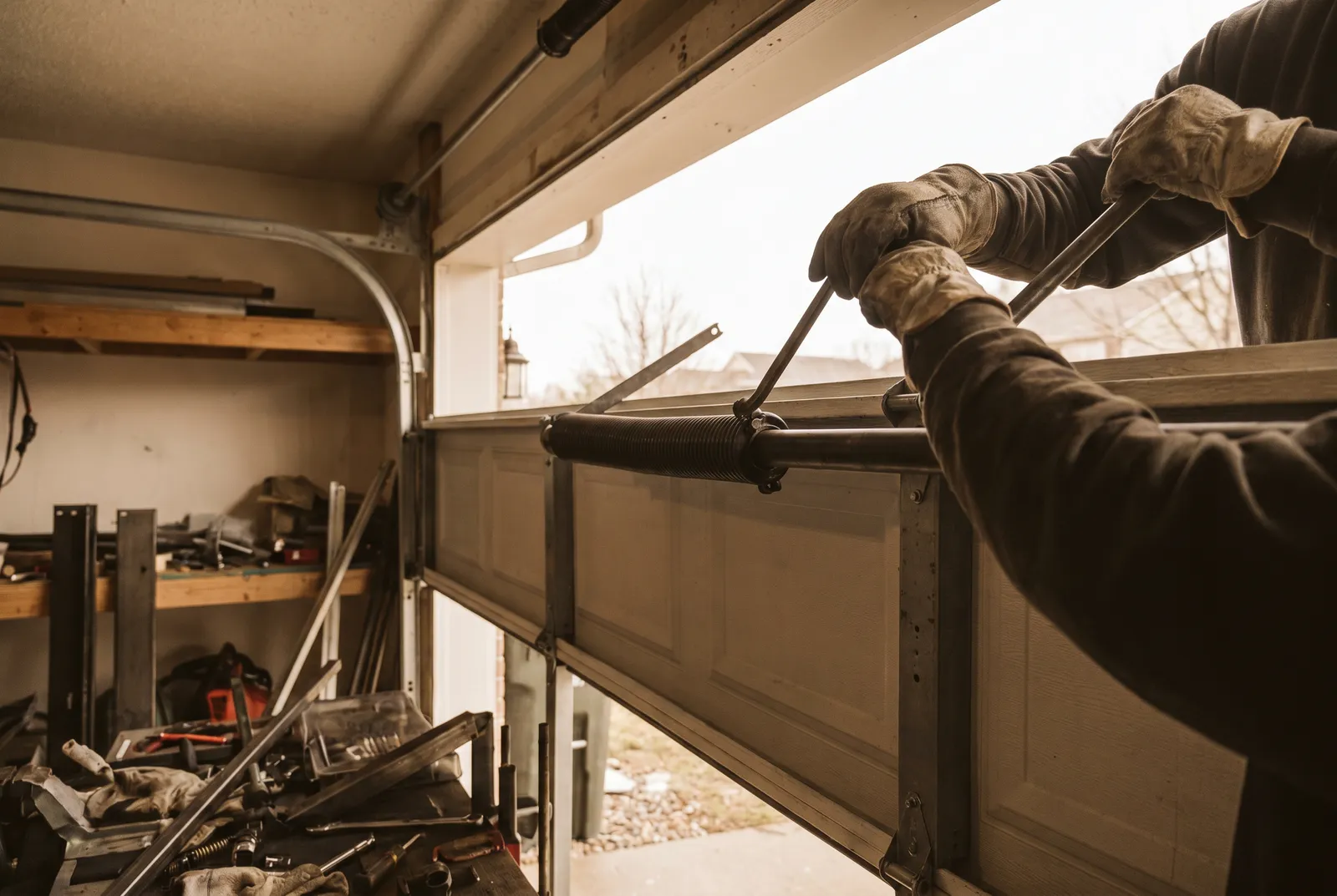 Gloved hands winding a new torsion spring on the shaft above a sectional garage door
