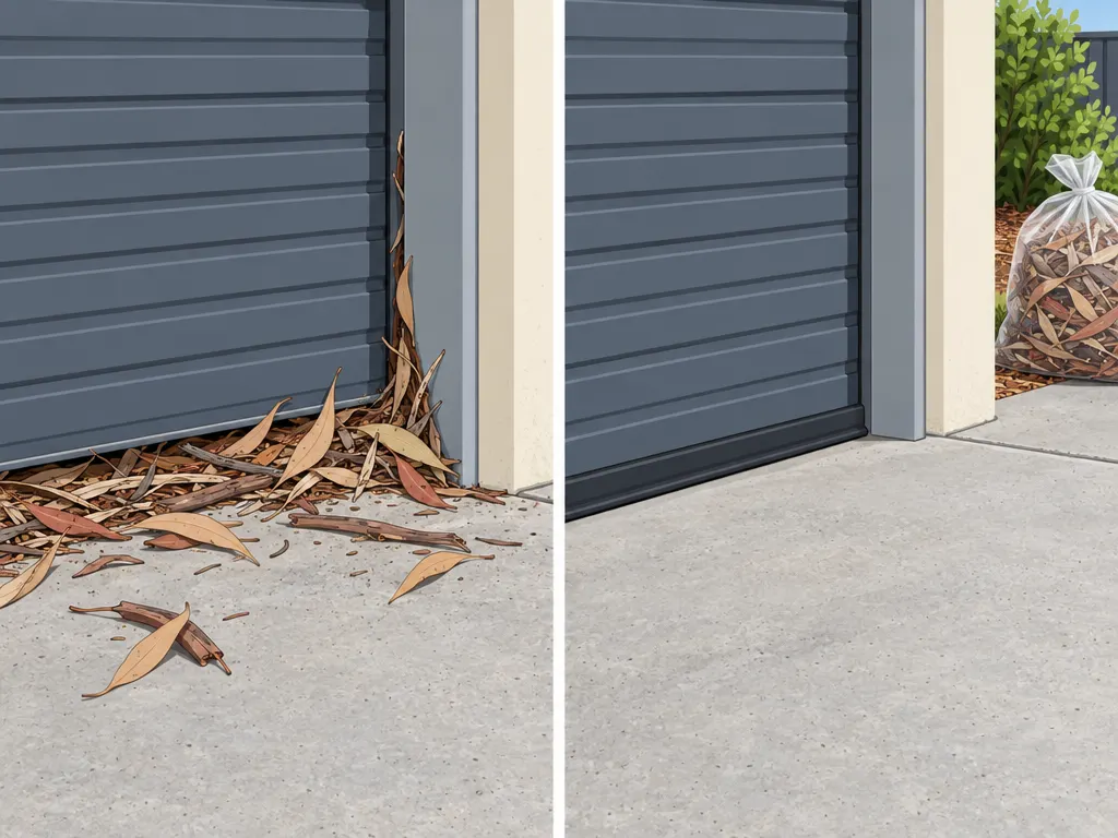 Before and after at the base of a closed grey garage door: dry gum leaves and bark banked against the bottom edge and caught at the side, then the concrete swept clear with the leaves bagged by the garden