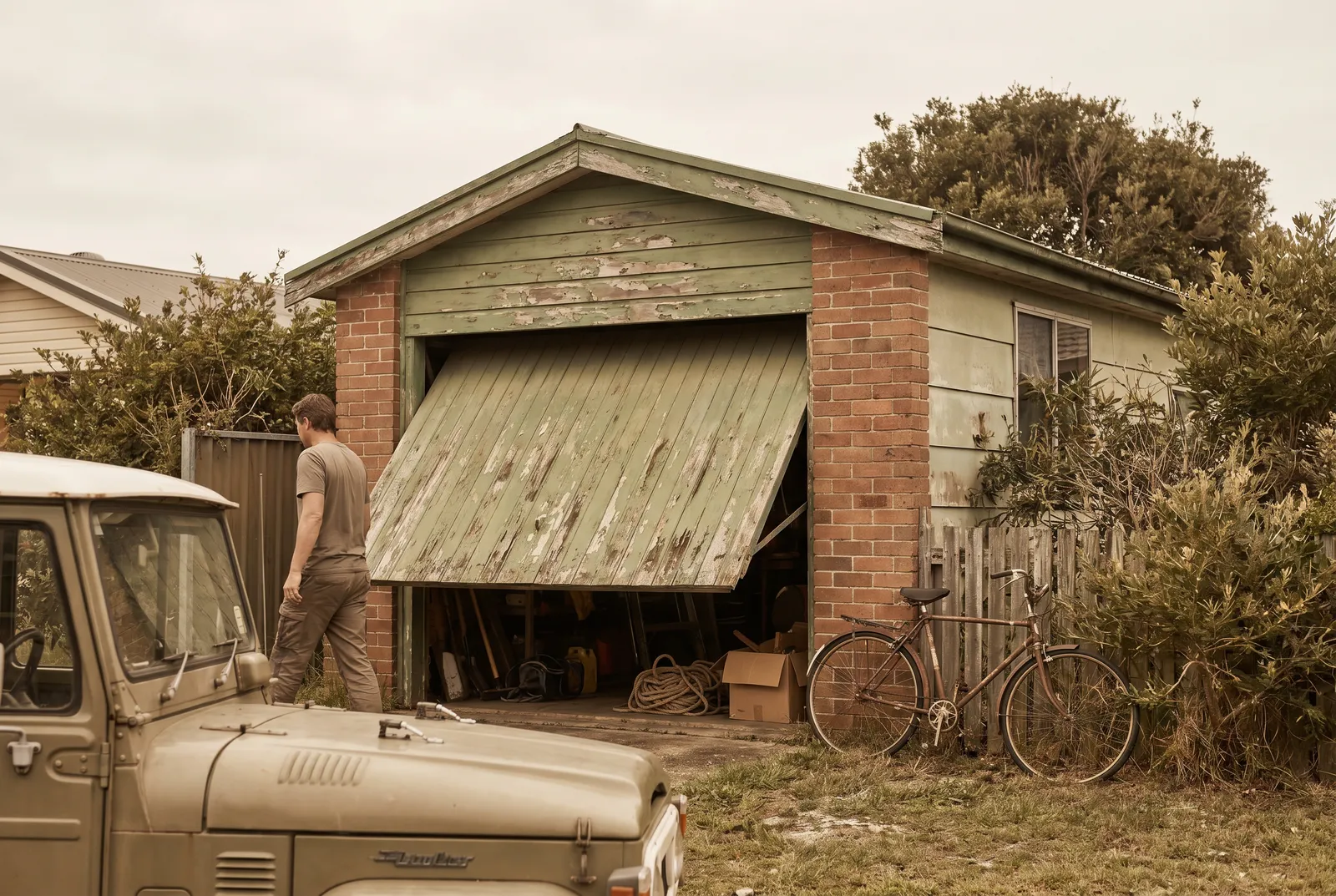 An original one-piece tilt garage door half open on a mid-century brick and fibro garage