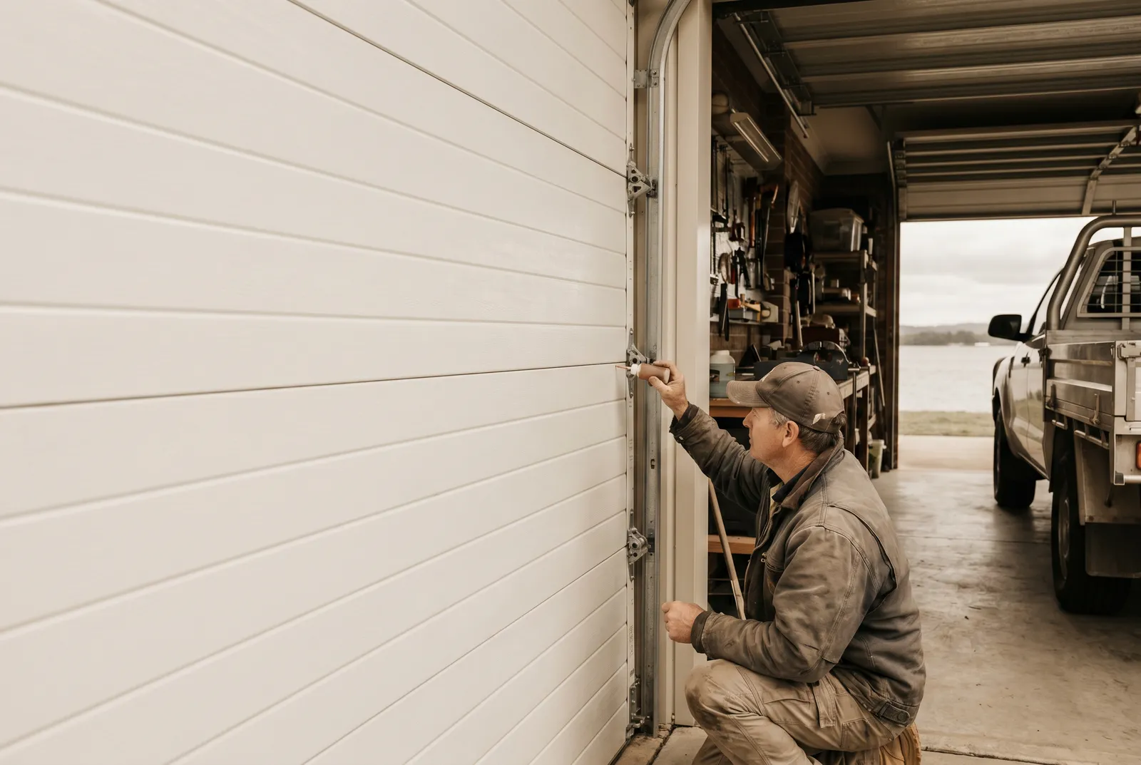 A technician lubricating the hinges and rollers of a white sectional garage door