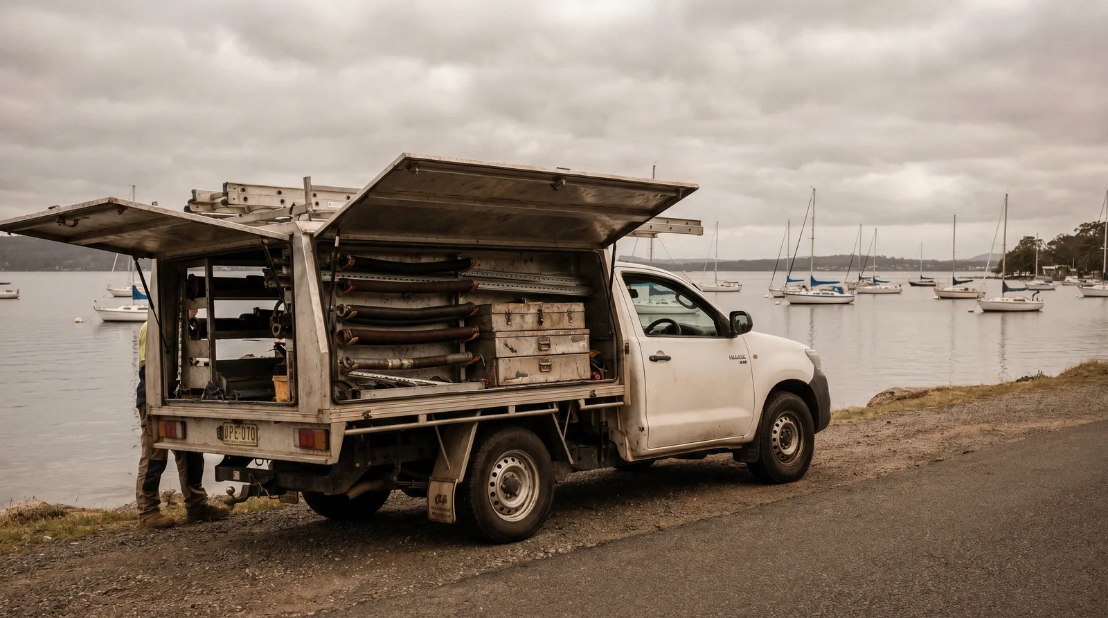 A work ute loaded with garage door springs and tracks, parked on a lakeside street with moored yachts behind