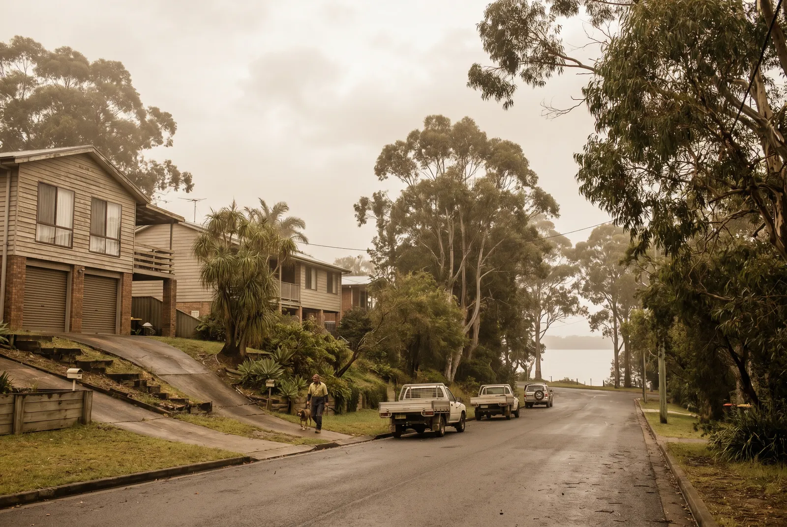A quiet tree-lined street on the lake's western shore with under-house garages on a steep block